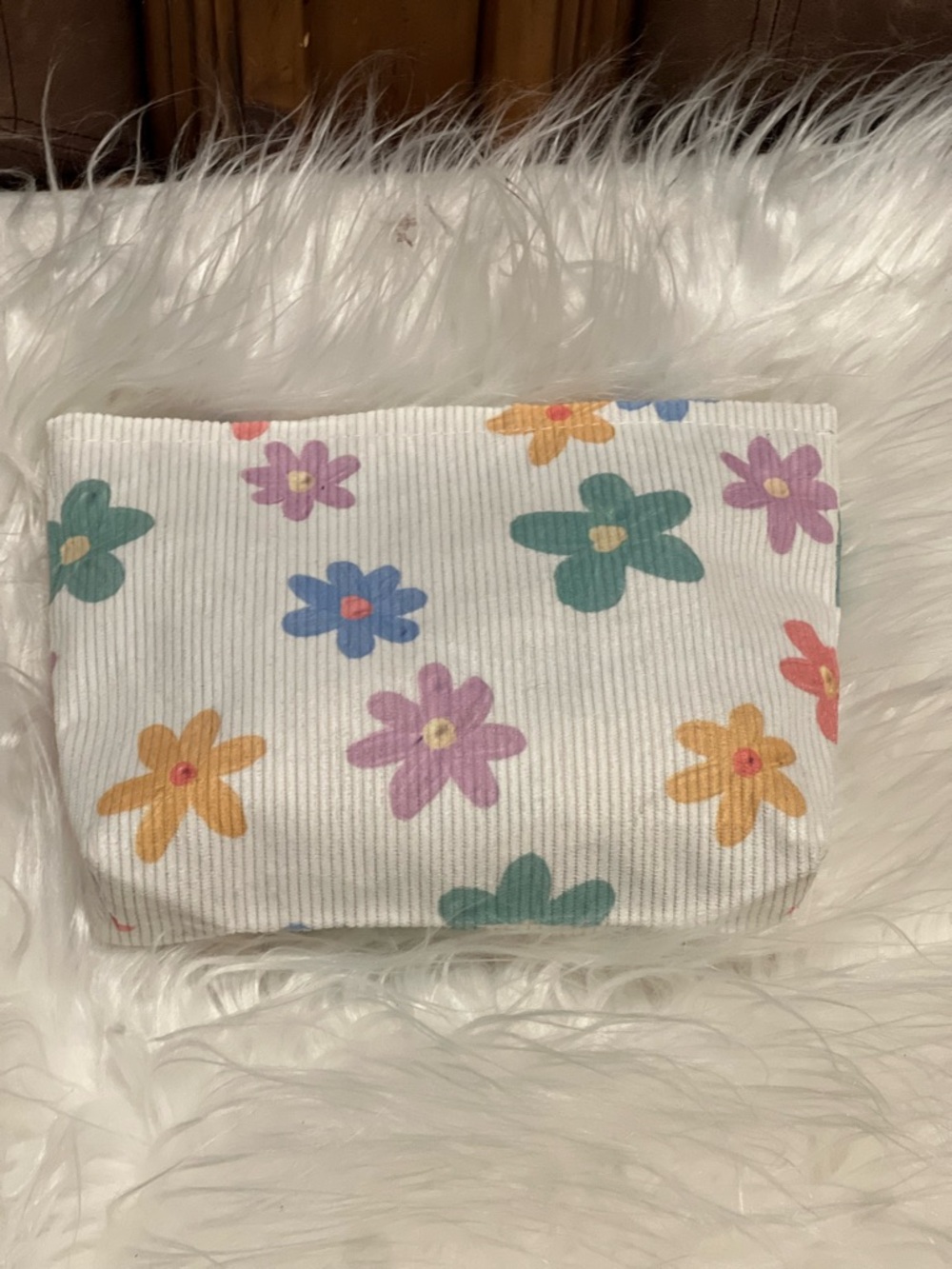 Floral Multicolor corduroy Flowers on White cosmetic bag